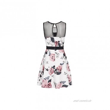 Styleboom Fashion® Damen Kleid Mesh Dress Rose Print StripesSommerkleid Cocktialkleid Weiss schwarz rosa