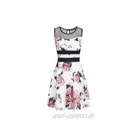 Styleboom Fashion® Damen Kleid Mesh Dress Rose Print StripesSommerkleid Cocktialkleid Weiss schwarz rosa