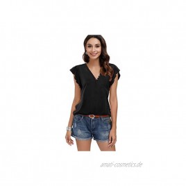 DOTIN Damen T-Shirt Kurzarm Sommer Shirt mit Allover Mininal Druck V-Ausschnitt Rüsche Ruffle Casual Oberteile Bluse Tops