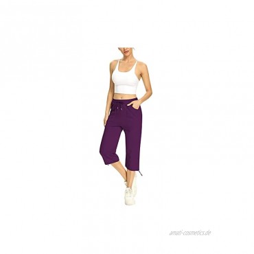 Irevial Damen Jogginghose 3 4 Baumwolle Caprihose Relaxhose Sportleggings Yogahose mit Tasche für Sport und Freizeit
